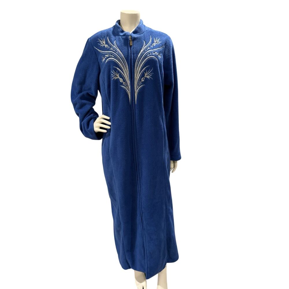 Bob Mackie Wearable Art Fleece Robe Sz M Blue Silver Embroidery Zip Front Coat